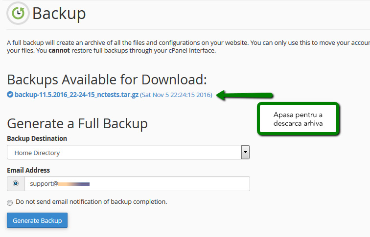 Cum se creaza un backup din cPanel