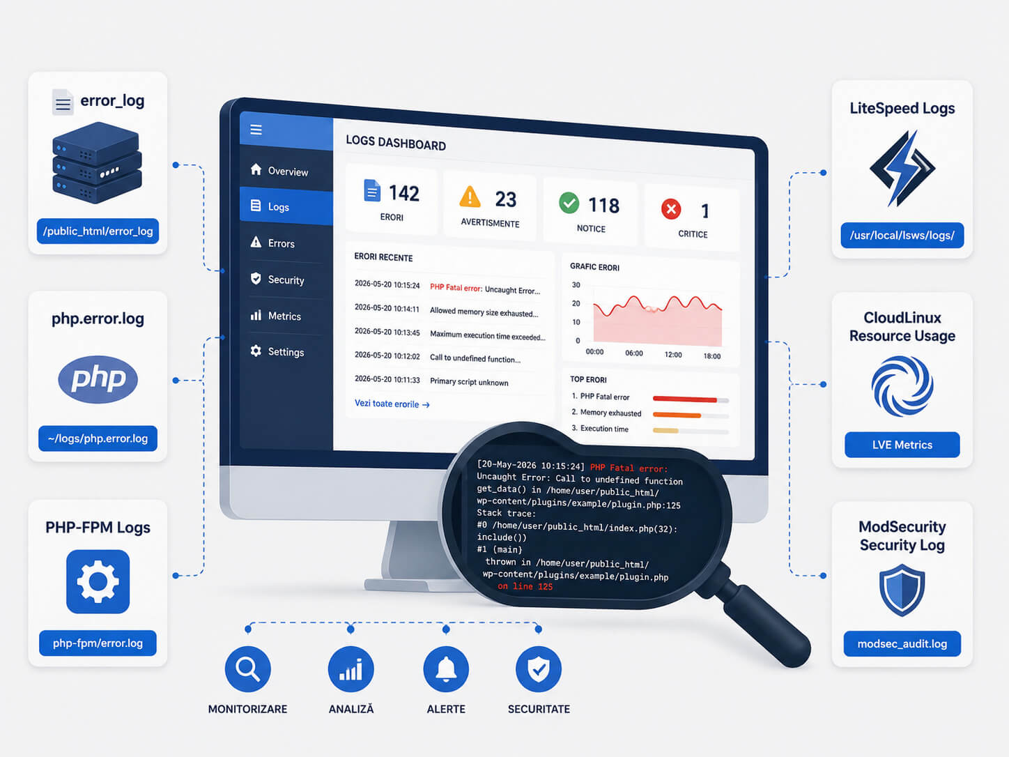 Diagrama care ilustreaza procesul de diagnosticare a erorii 500 Internal Server Error folosind logurile cPanel, PHP, LiteSpeed si CloudLinux.