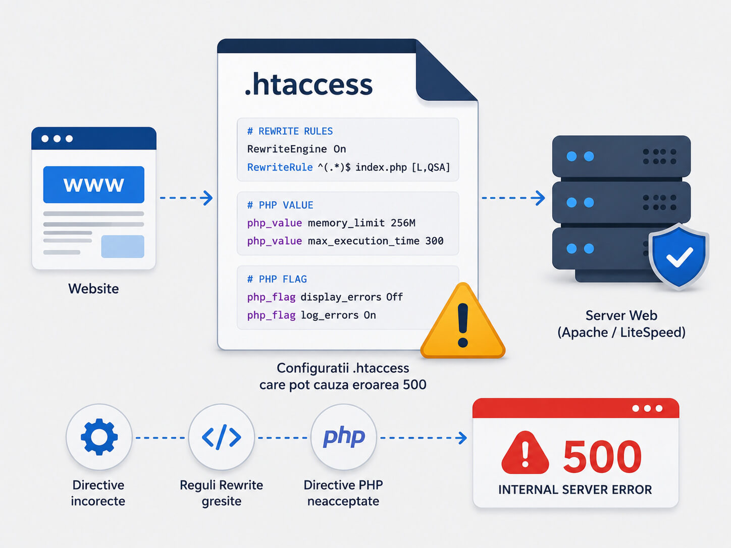 Fisierul .htaccess configurat incorect poate provoca eroarea 500 Internal Server Error pe serverele Apache sau LiteSpeed.