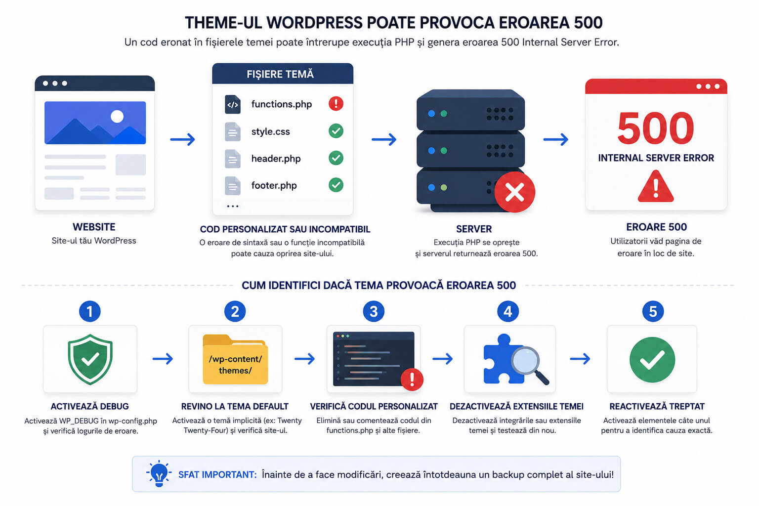 Diagrama care explica modul in care o tema WordPress incompatibila sau modificata incorect poate provoca eroarea 500 Internal Server Error.