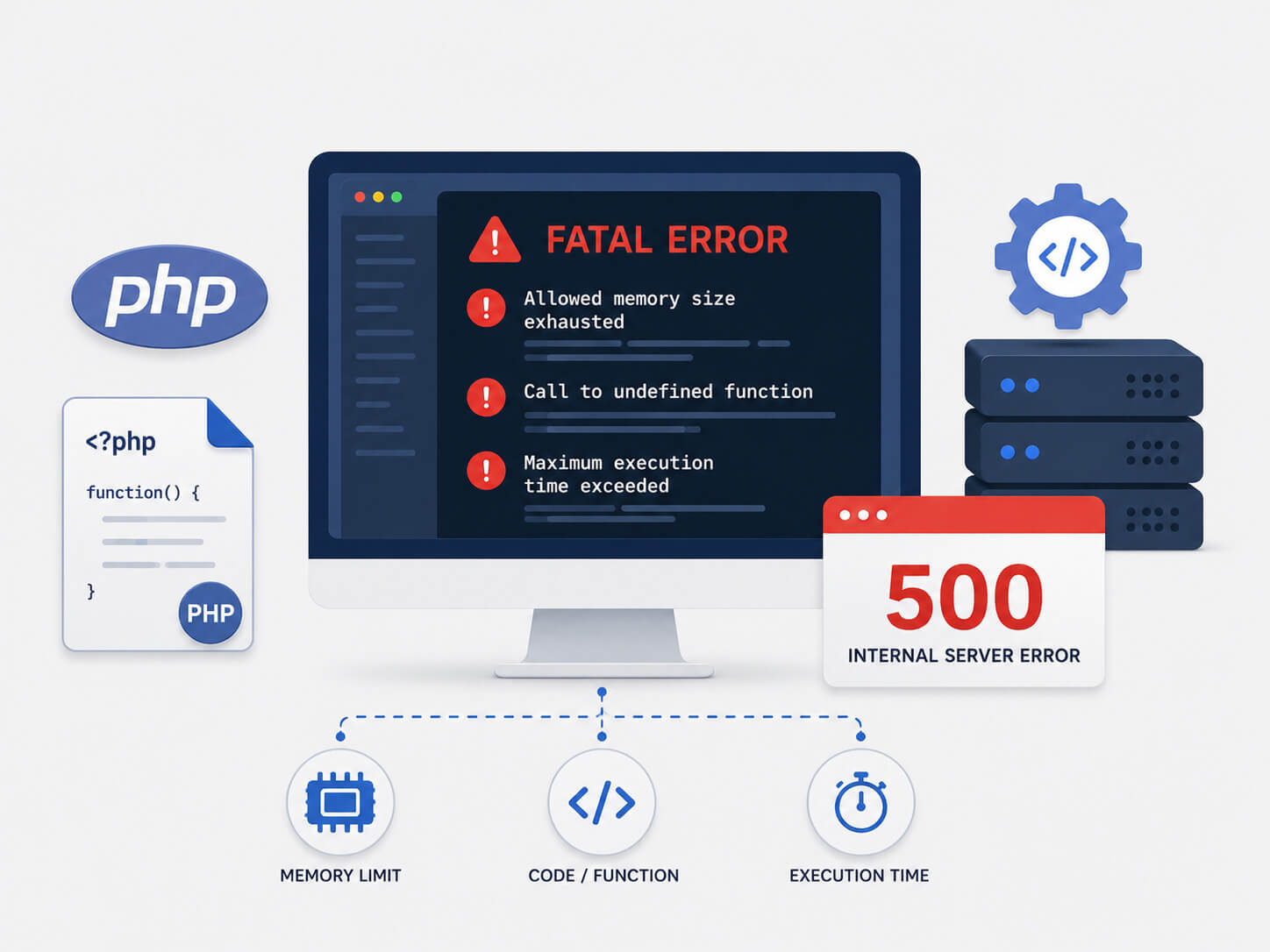 Exemple de erori PHP fatale care pot provoca eroarea 500 Internal Server Error, precum memory limit, functii inexistente si depasirea timpului de executie.
