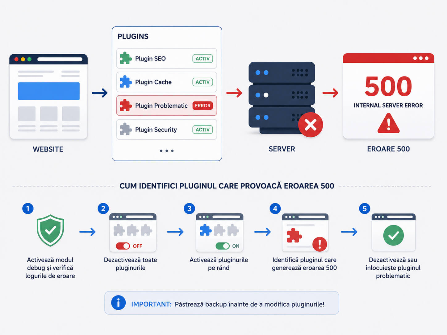 Diagrama care explica modul de identificare a unui plugin WordPress care provoaca eroarea 500 Internal Server Error.