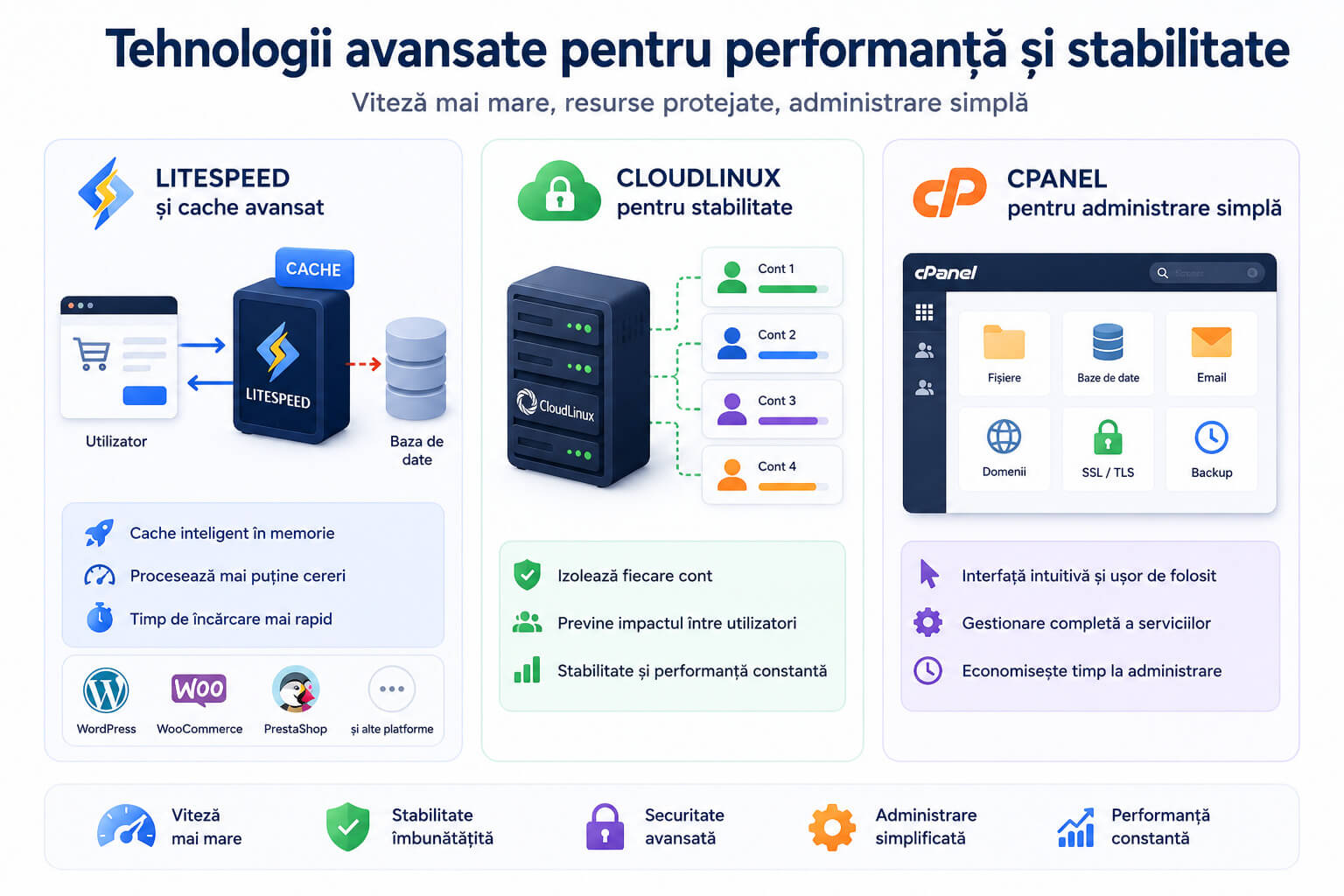 LiteSpeed, CloudLinux si cPanel pentru performanta si stabilitate in hosting