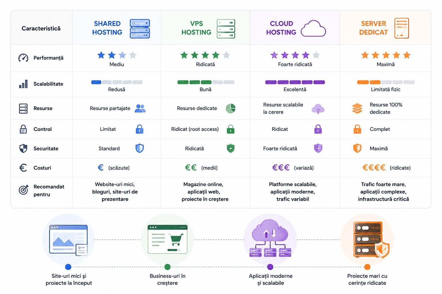 Comparatie intre Shared Hosting, VPS Hosting, Cloud Hosting si Server Dedicat