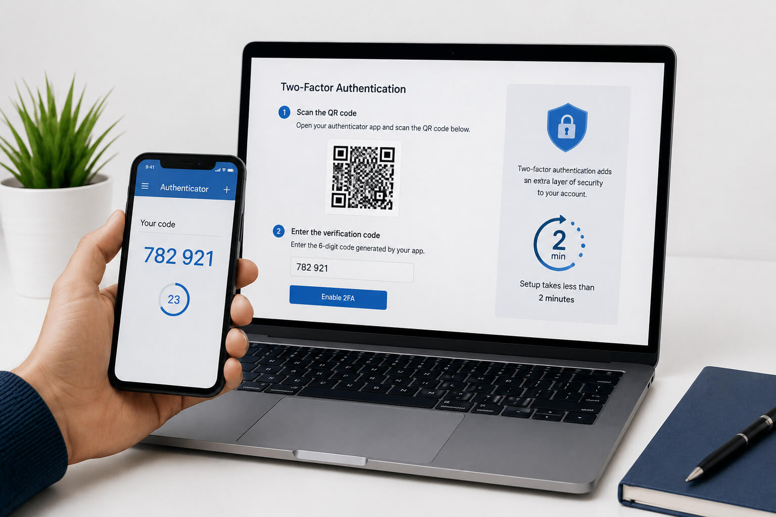 Configurarea autentificării în doi pași (2FA) în cPanel prin scanarea unui cod QR cu aplicația de autentificare de pe telefon.