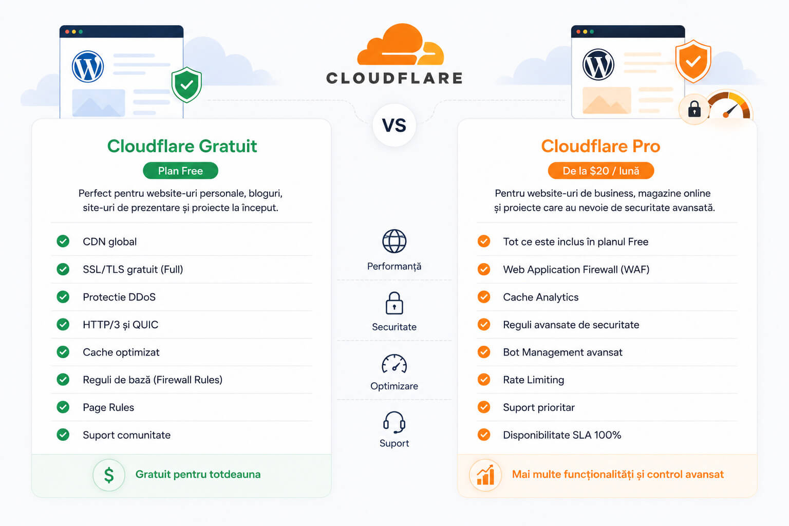 Comparatie intre Cloudflare Gratuit si Cloudflare Pro pentru WordPress