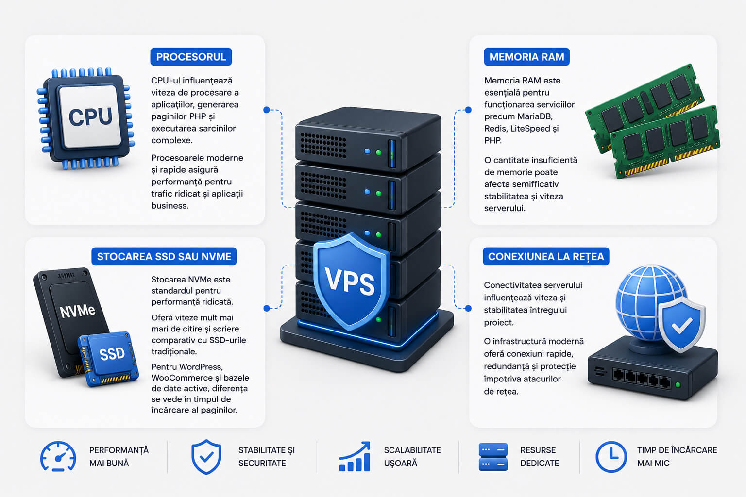 Resurse importante pentru performanta unui VPS: procesor, memorie RAM, stocare NVMe si conexiune la retea