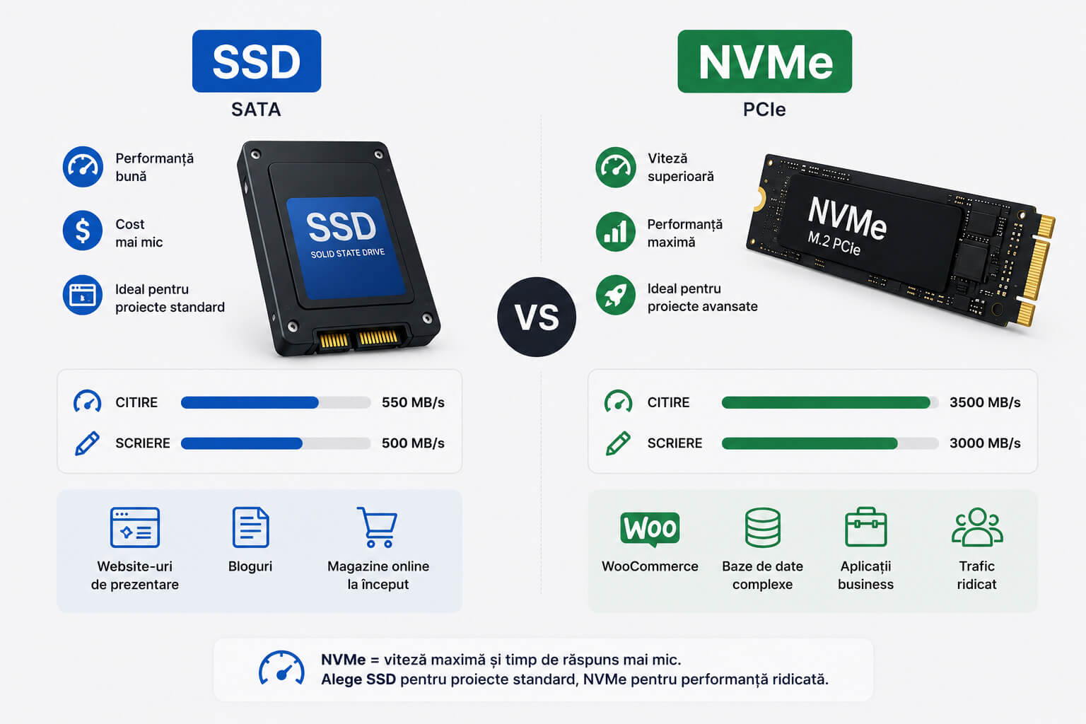 Comparatie intre SSD si NVMe pentru servere VPS si performanta website-urilor