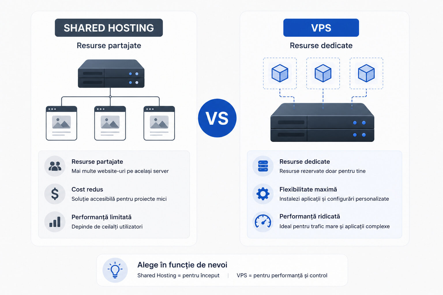 Comparatie intre VPS si shared hosting privind resursele, performanta si flexibilitatea
