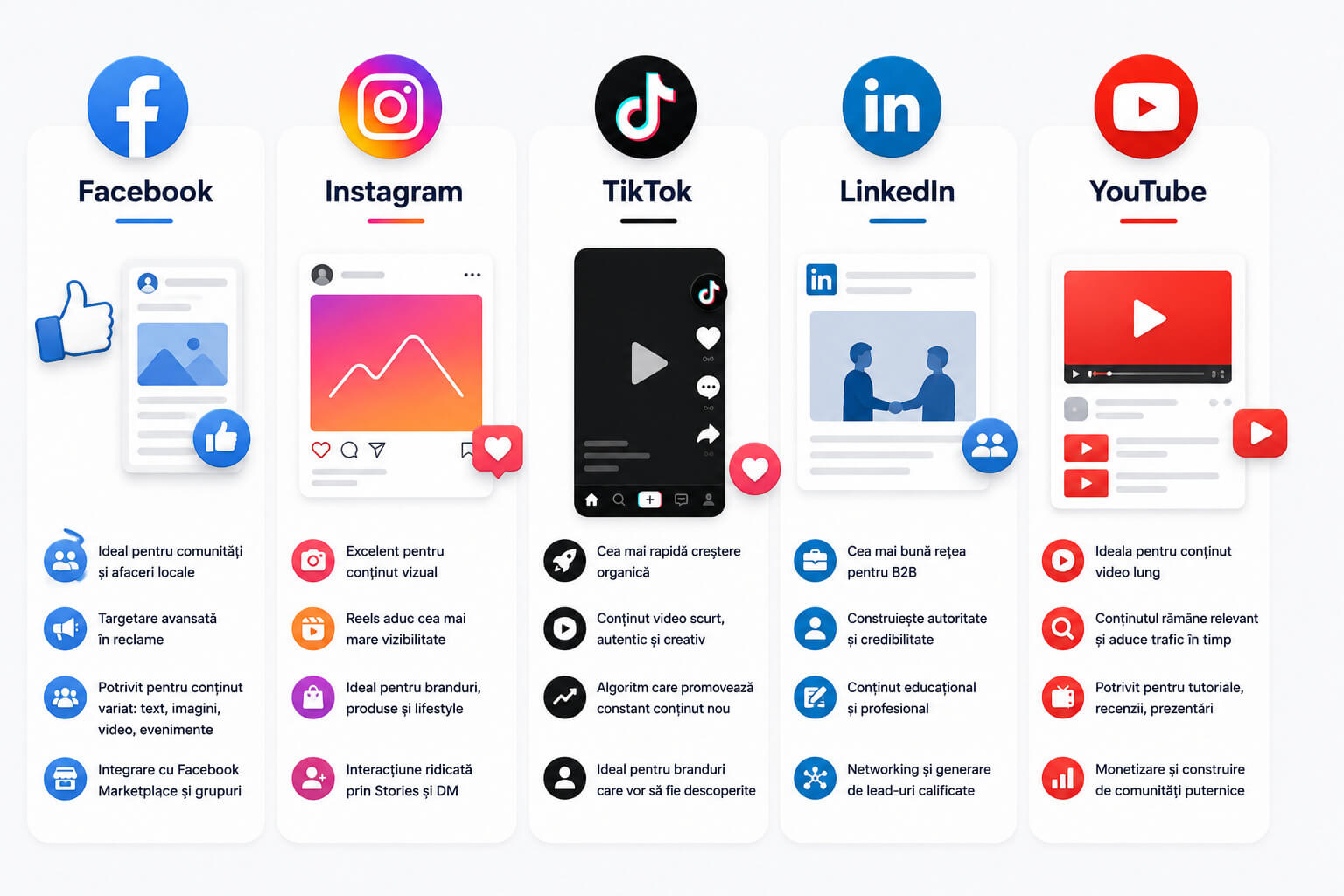 Comparatie intre Facebook, Instagram, TikTok, LinkedIn si YouTube pentru promovarea unei afaceri