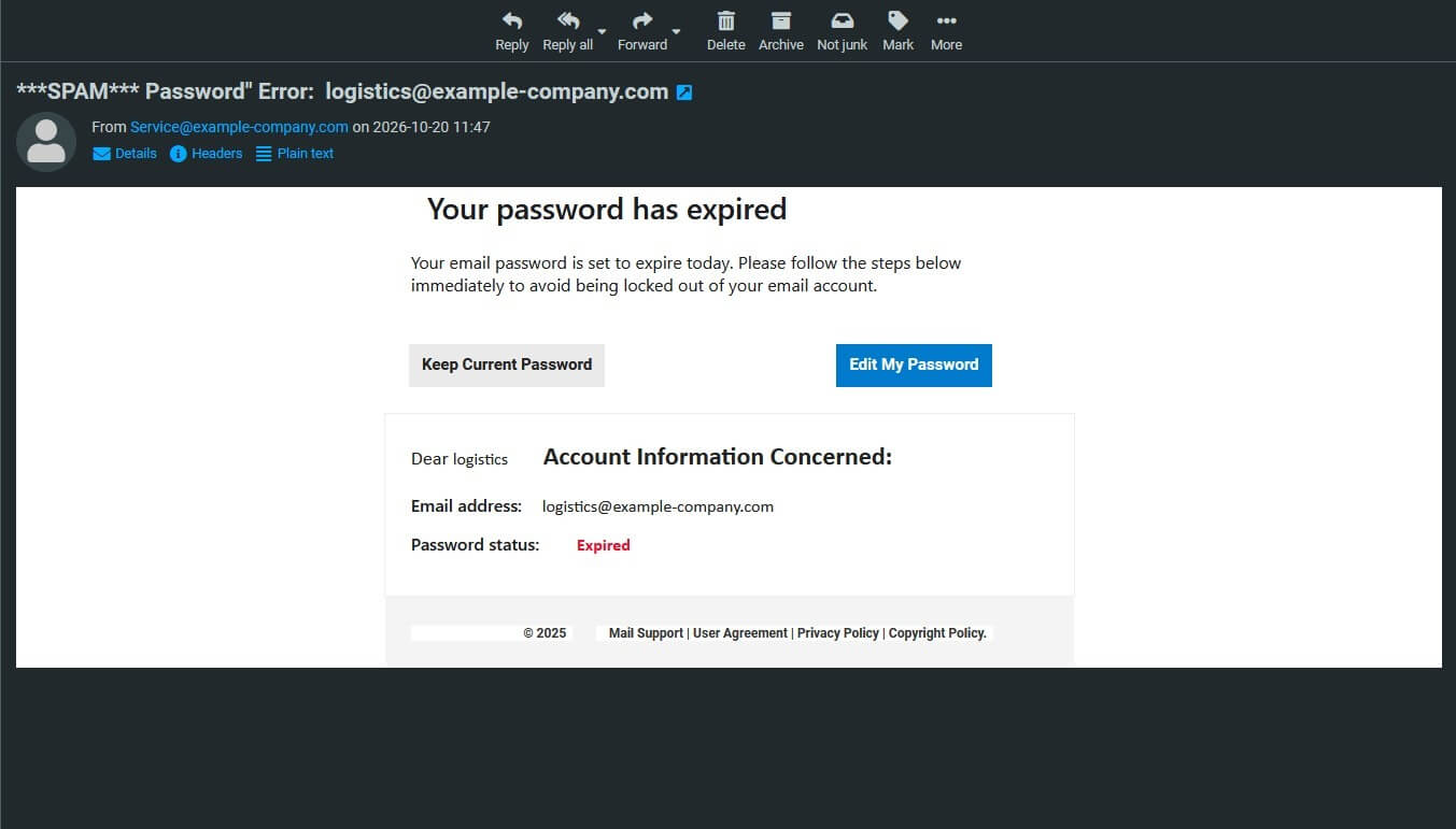 Exemplu de email phishing care anunță fals expirarea parolei contului de email și solicită utilizatorului să acceseze un link pentru actualizarea acesteia.