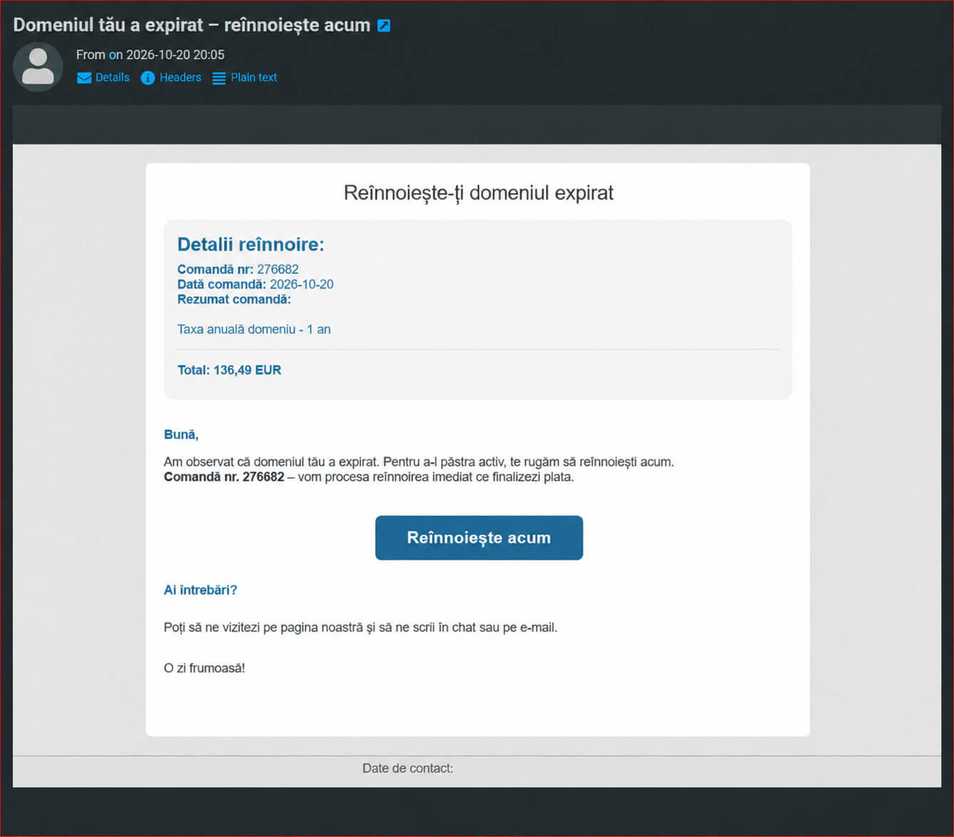 Exemplu de email fals care anunță expirarea unui domeniu