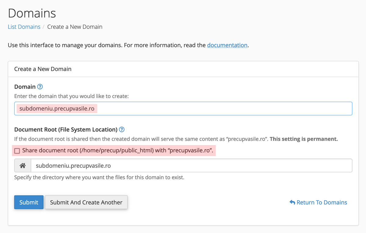 adaugare subdomeniu in cPanel