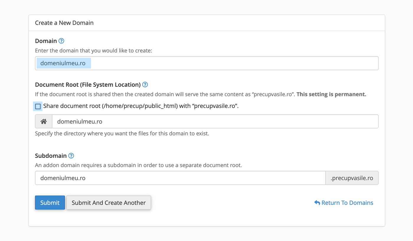 adauga domeniu in cpanel