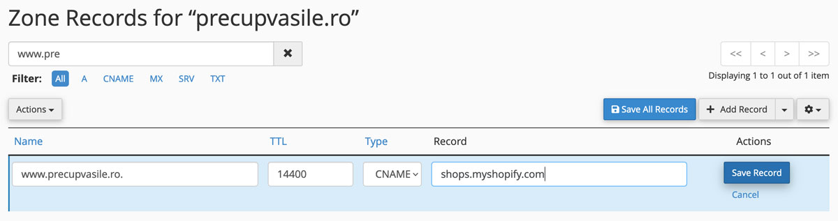 edit CNAME record to point to shops.myshopify.com