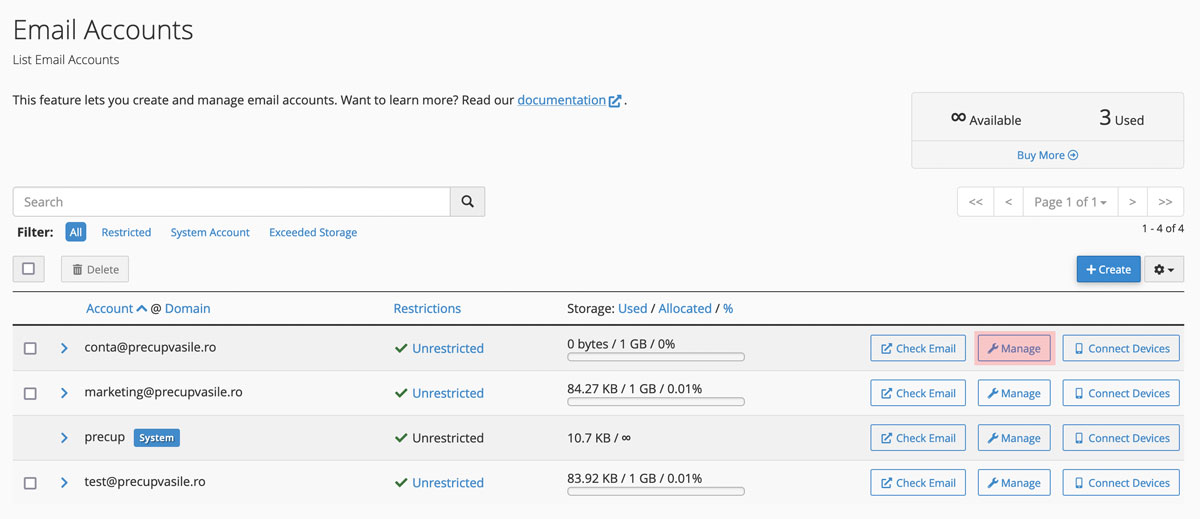 Modificare parola adresa email in cPanel 2 manage email account