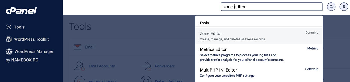 cautare zone editor in cPanel