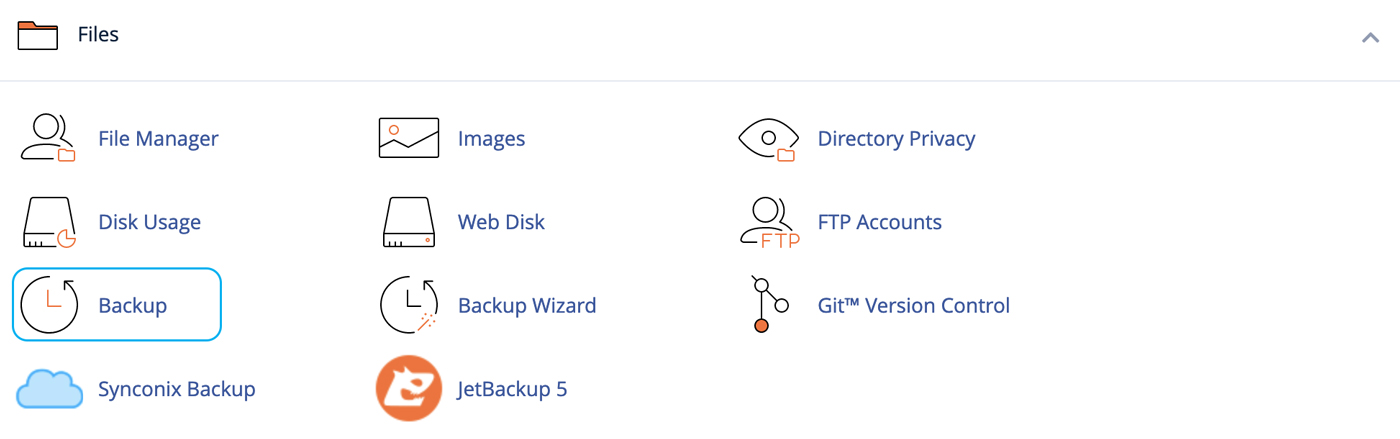 În cPanel, navighează înapoi la pagina principală și caută opțiunea „Backup” sau „Backup Wizard”.