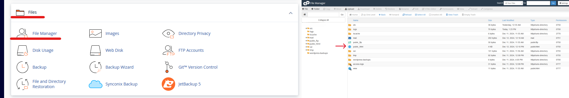 Navigare la Files si public_html pentru rezolvare eroare critică WordPress