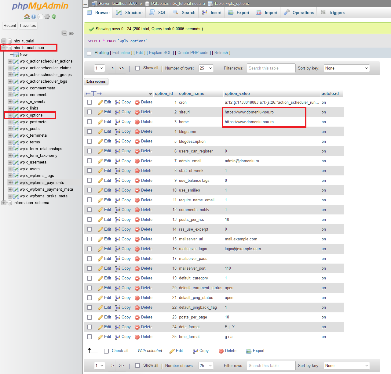 Modificare URL in baza de date noua